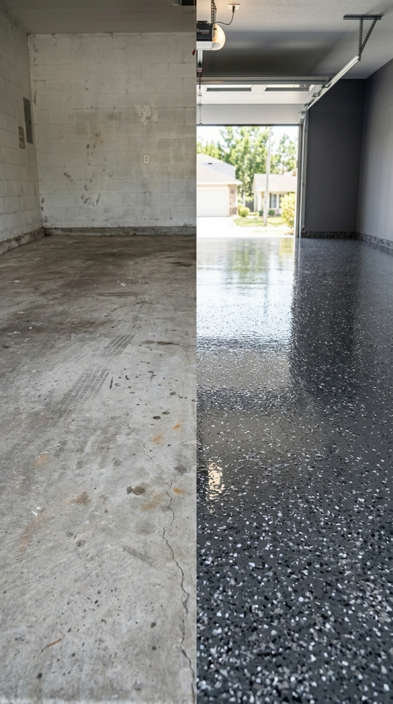 Garage before and after epoxy